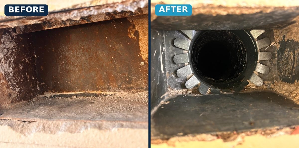 Before and after: rusted wall vent boot, then repaired with a new duct collar